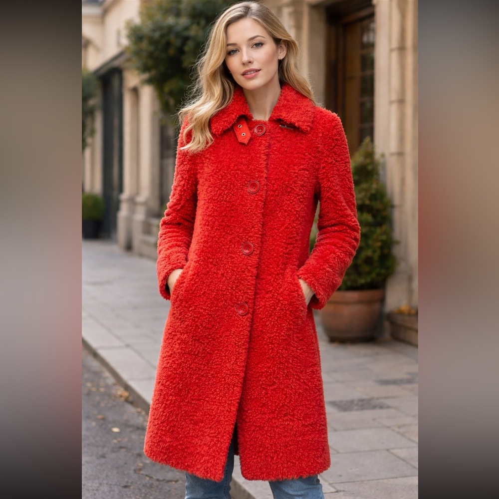 Red 100% Wool Teddy Coat Long Button Front Lamb Fleece Texture Winter Coat